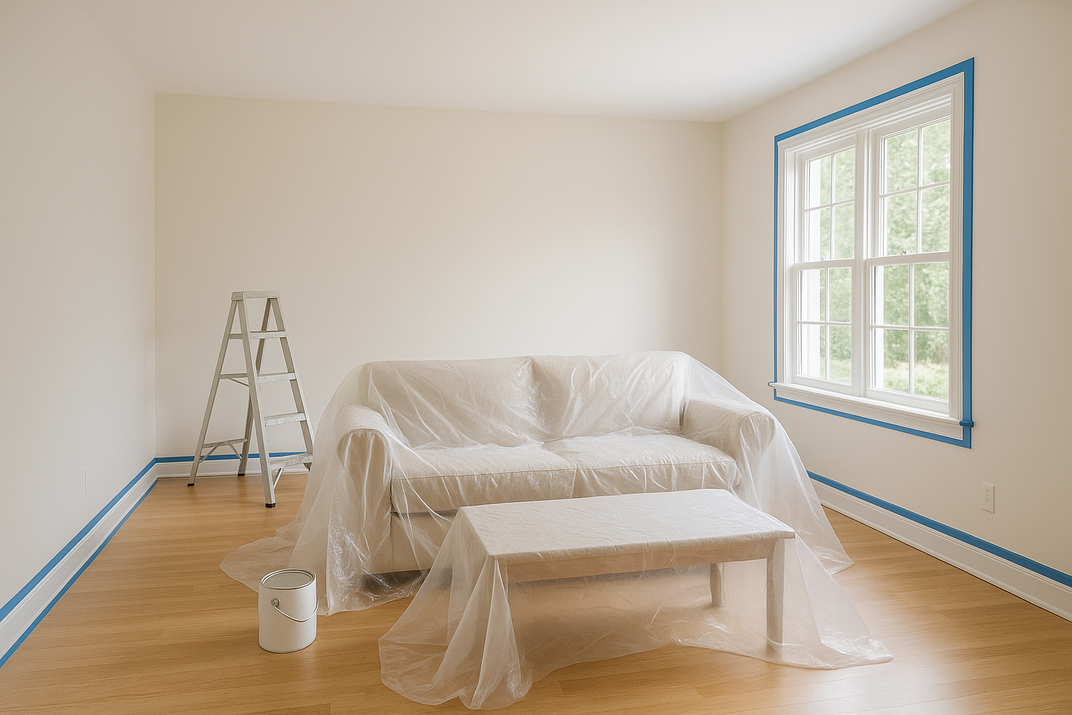 Living room prepared for painting with furniture covered and painters tape applied