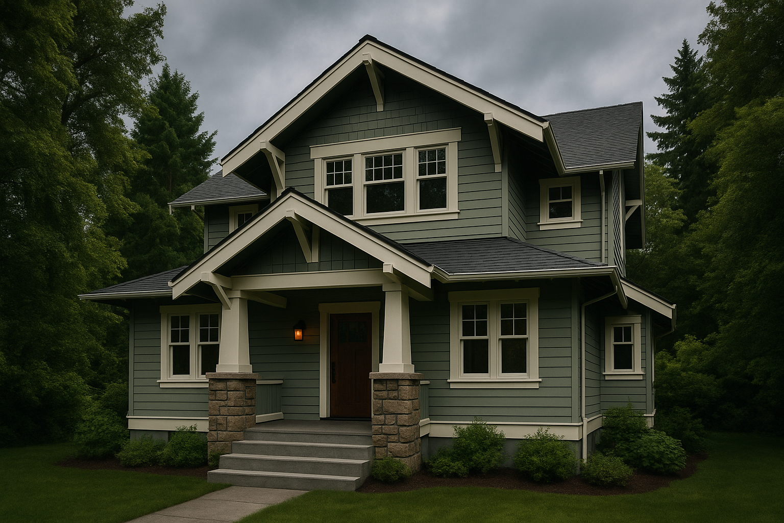 Beautiful Pacific Northwest craftsman home with fresh sage green exterior paint and white trim