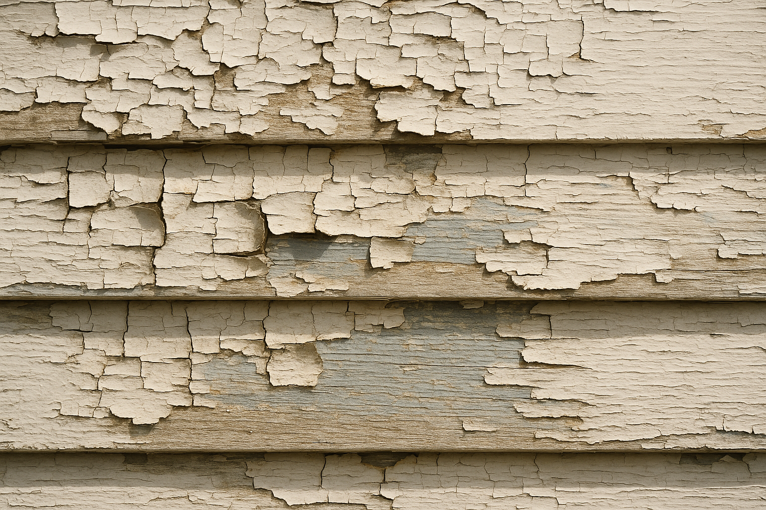 Close-up of peeling and cracking paint on weathered wood siding showing signs of paint failure
