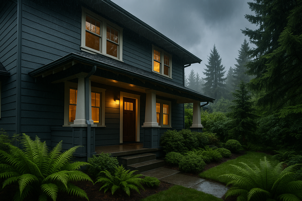 Seattle-area home exterior on a rainy day with lush Pacific Northwest landscaping