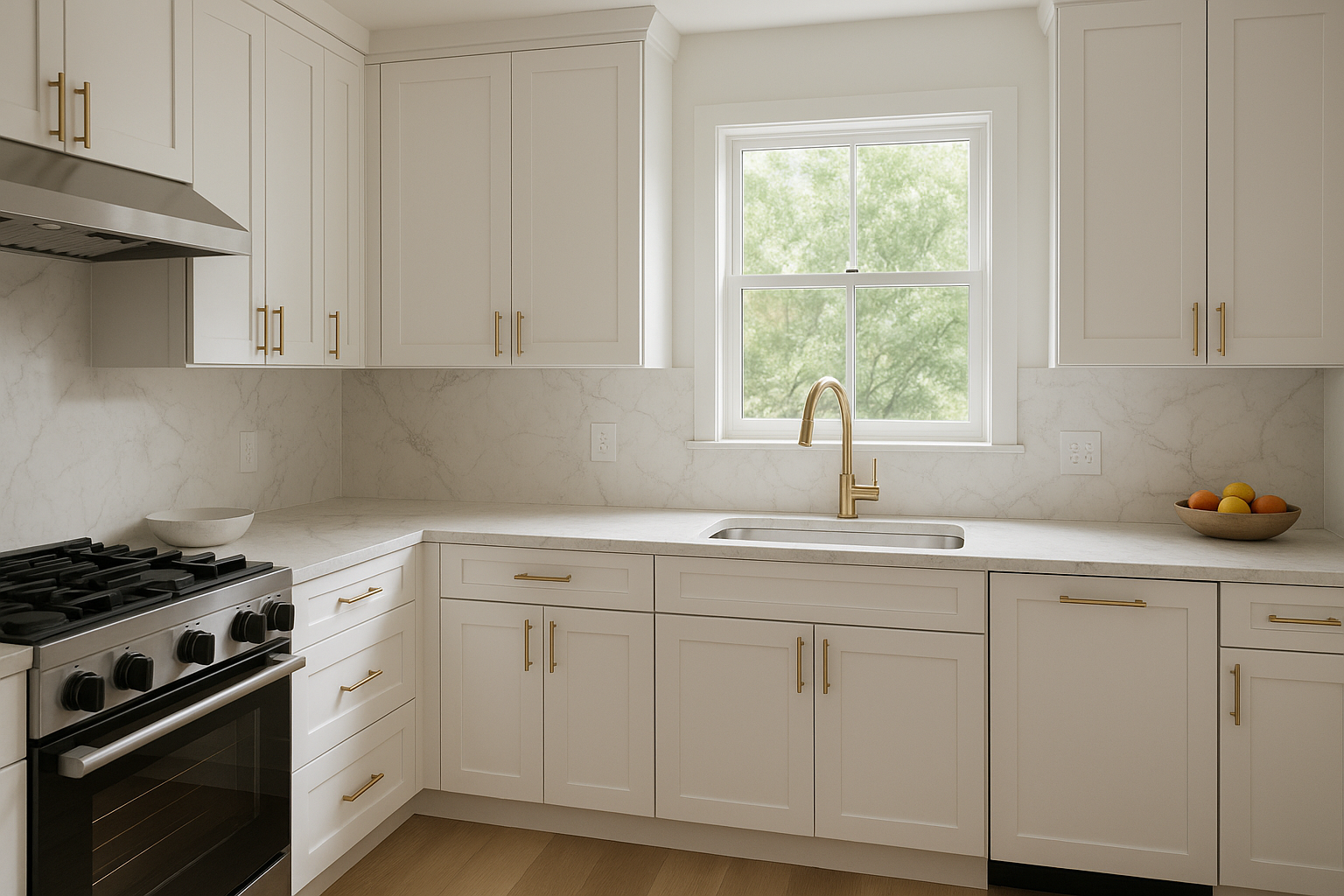 Modern kitchen with beautifully refinished white shaker cabinets and marble countertops