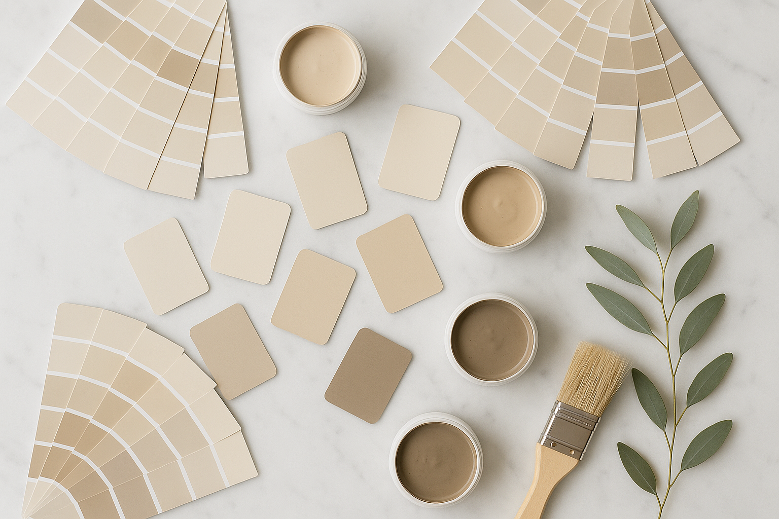 Curated arrangement of paint color swatches and fan decks on a marble surface with sample pots