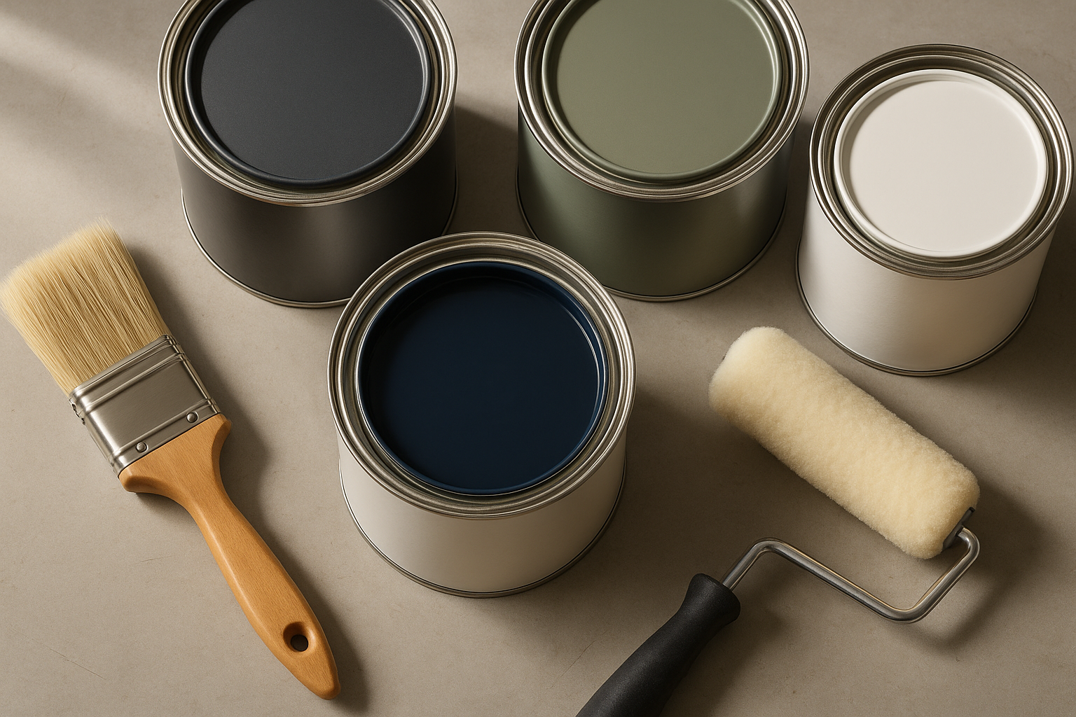 Premium paint cans with high-quality brush and roller on a workshop surface