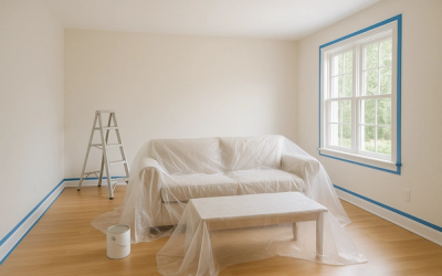 Living room prepared for painting with furniture covered and painters tape applied
