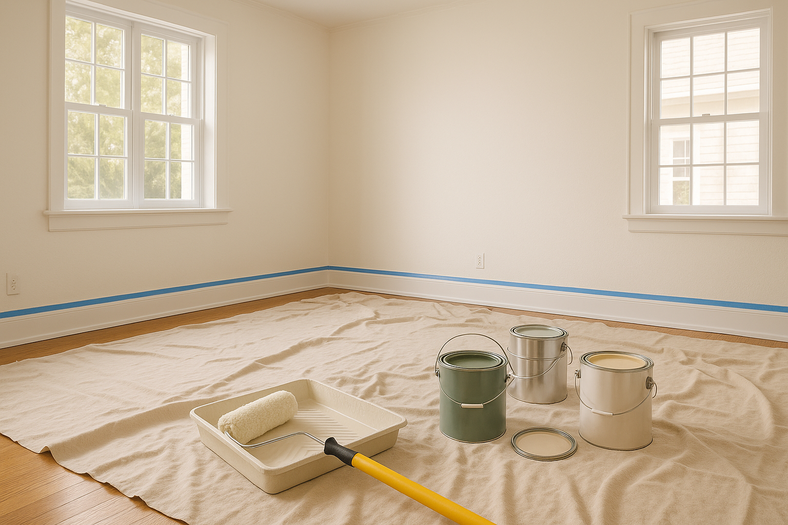 Professional painting setup with drop cloths, paint cans, roller, and painter's tape in a room ready for painting