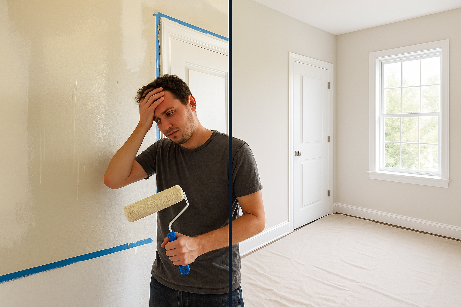 Side-by-side comparison of DIY painting versus professional painting results in the same room