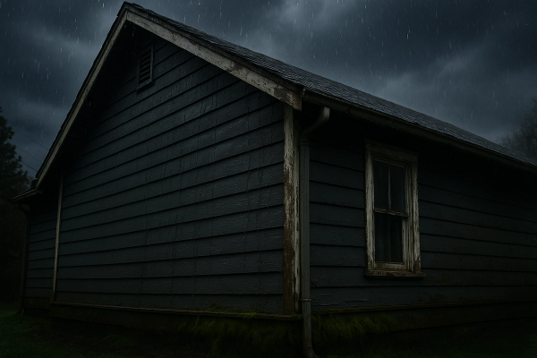 Pacific Northwest home exterior in rain showing moisture effects on painted siding