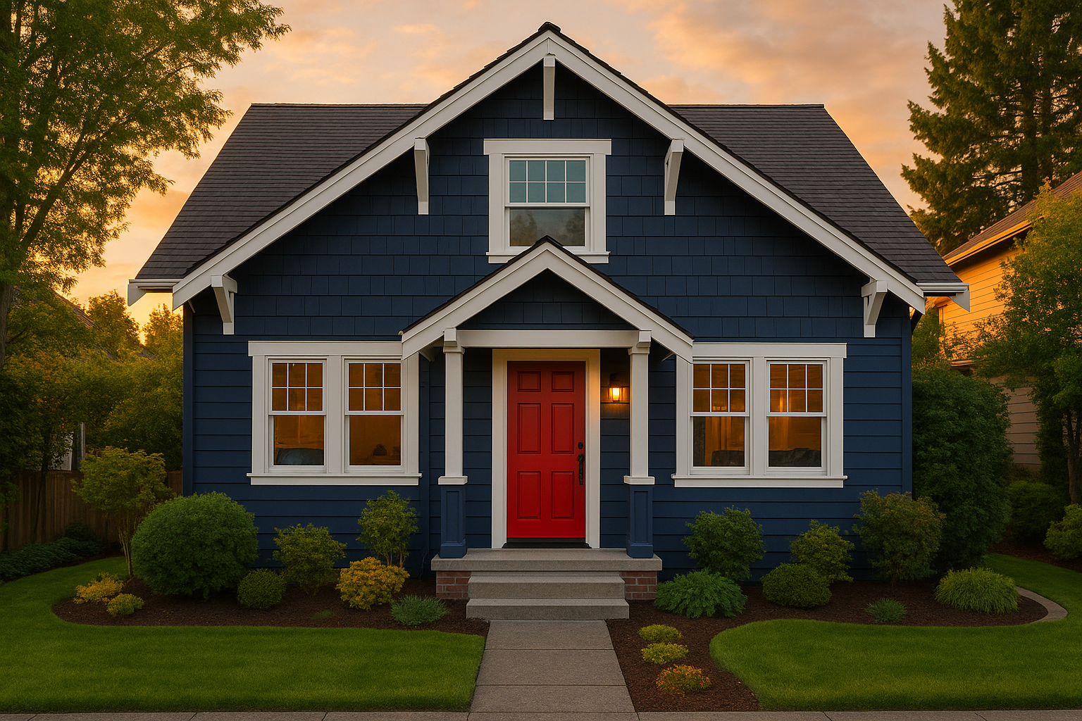 Charming home exterior showcasing three harmonious paint colors with navy body, white trim, and red front door