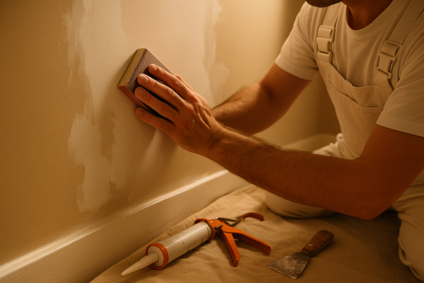 Professional painter carefully sanding and preparing a wall surface before painting